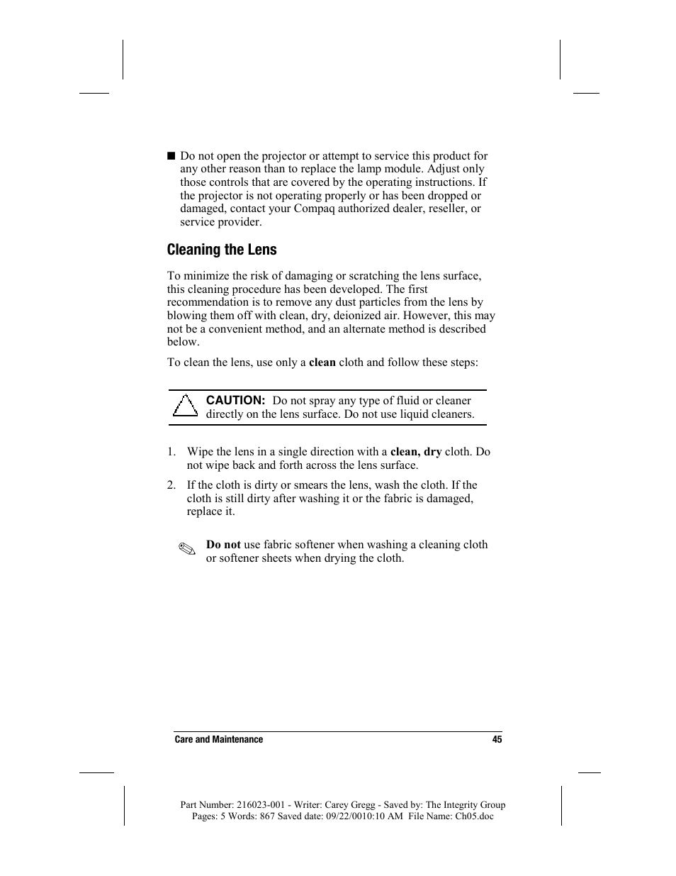 Cleaning the lens | Compaq MP2800 User Manual | Page 45 / 61