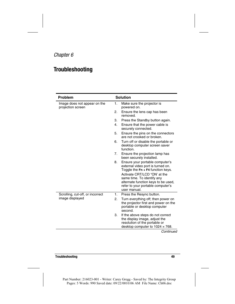 Troubleshooting, Chapter 6 | Compaq MP2800 User Manual | Page 49 / 61
