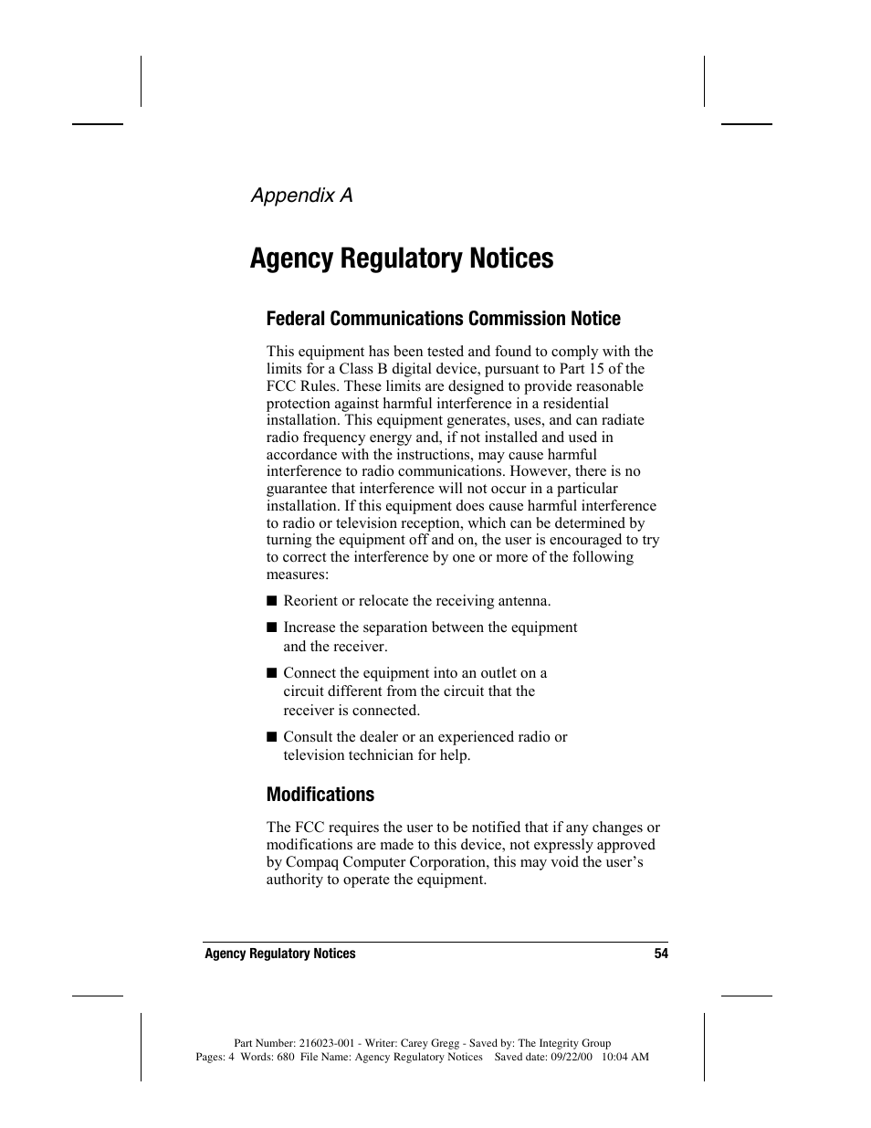 Agency regulatory notices, Federal communications commission€notice, Modifications | Appendix a, Federal communications commission notice | Compaq MP2800 User Manual | Page 54 / 61