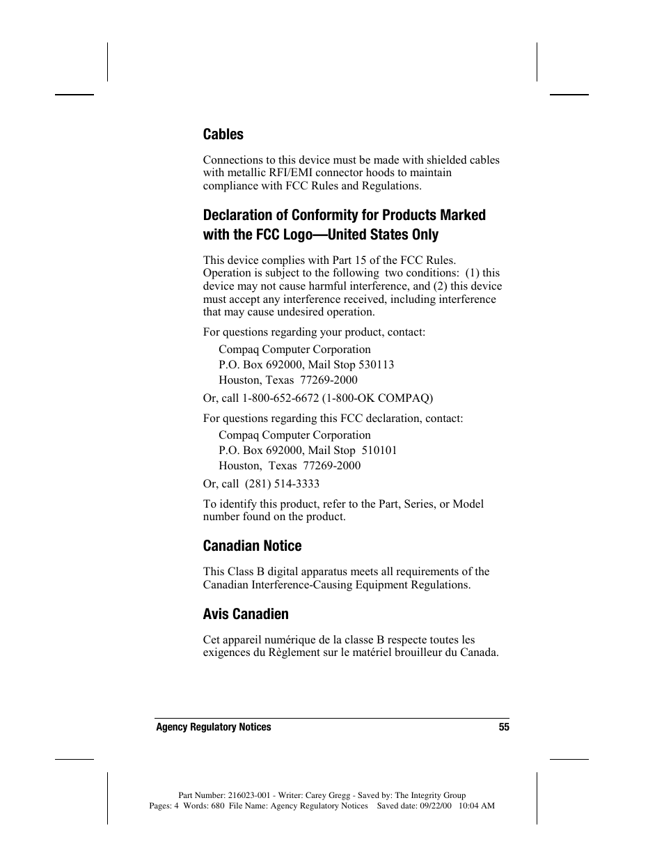 Cables, Canadian notice, Avis canadien | Compaq MP2800 User Manual | Page 55 / 61