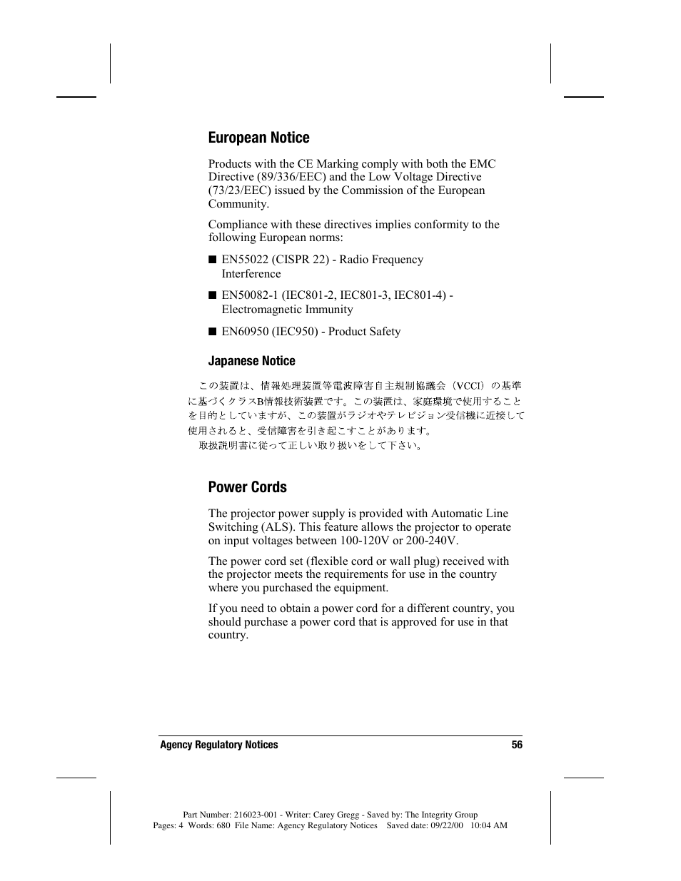 European notice, Japanese notice, Power cords | Compaq MP2800 User Manual | Page 56 / 61