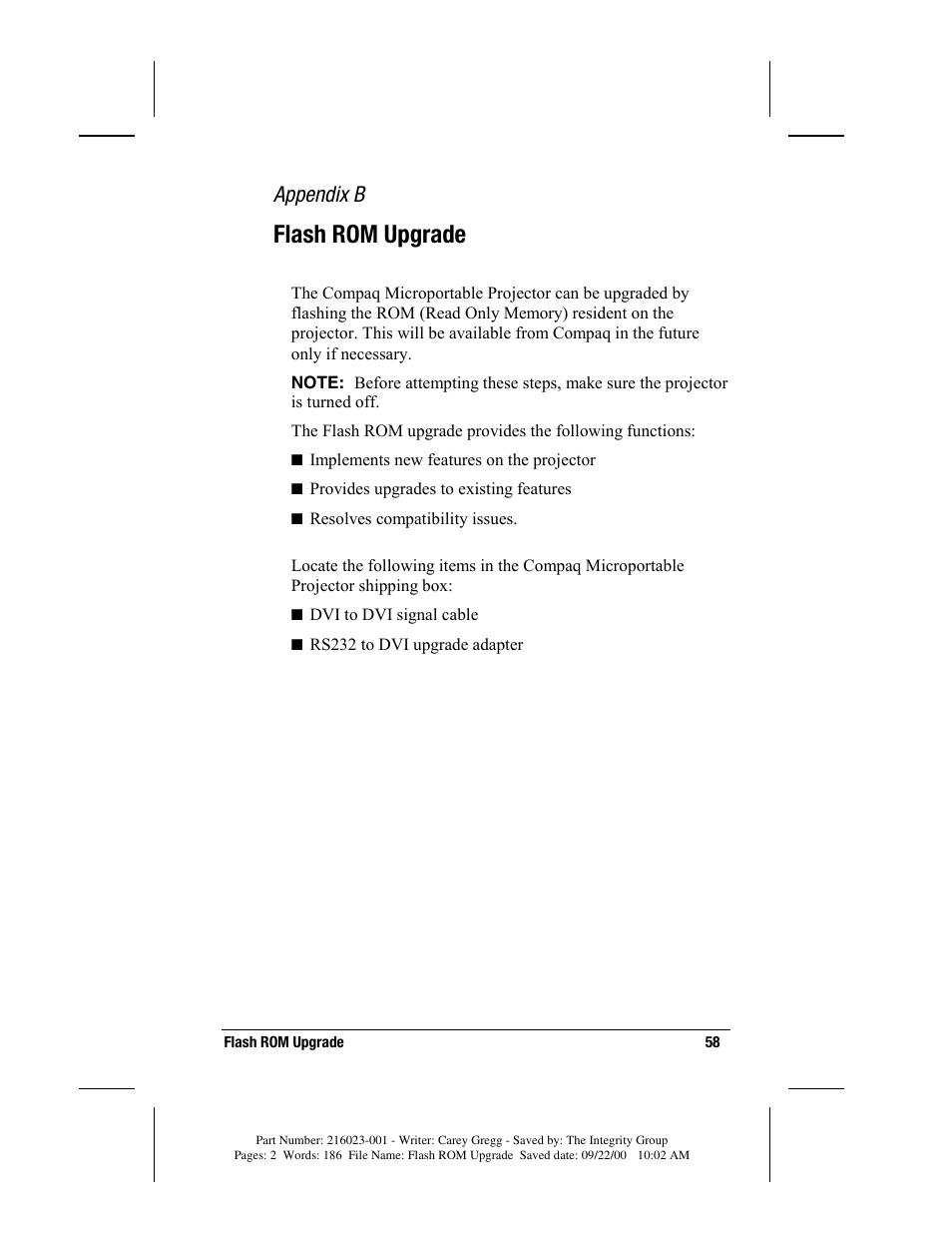 Flash rom upgrade, Appendix b | Compaq MP2800 User Manual | Page 58 / 61