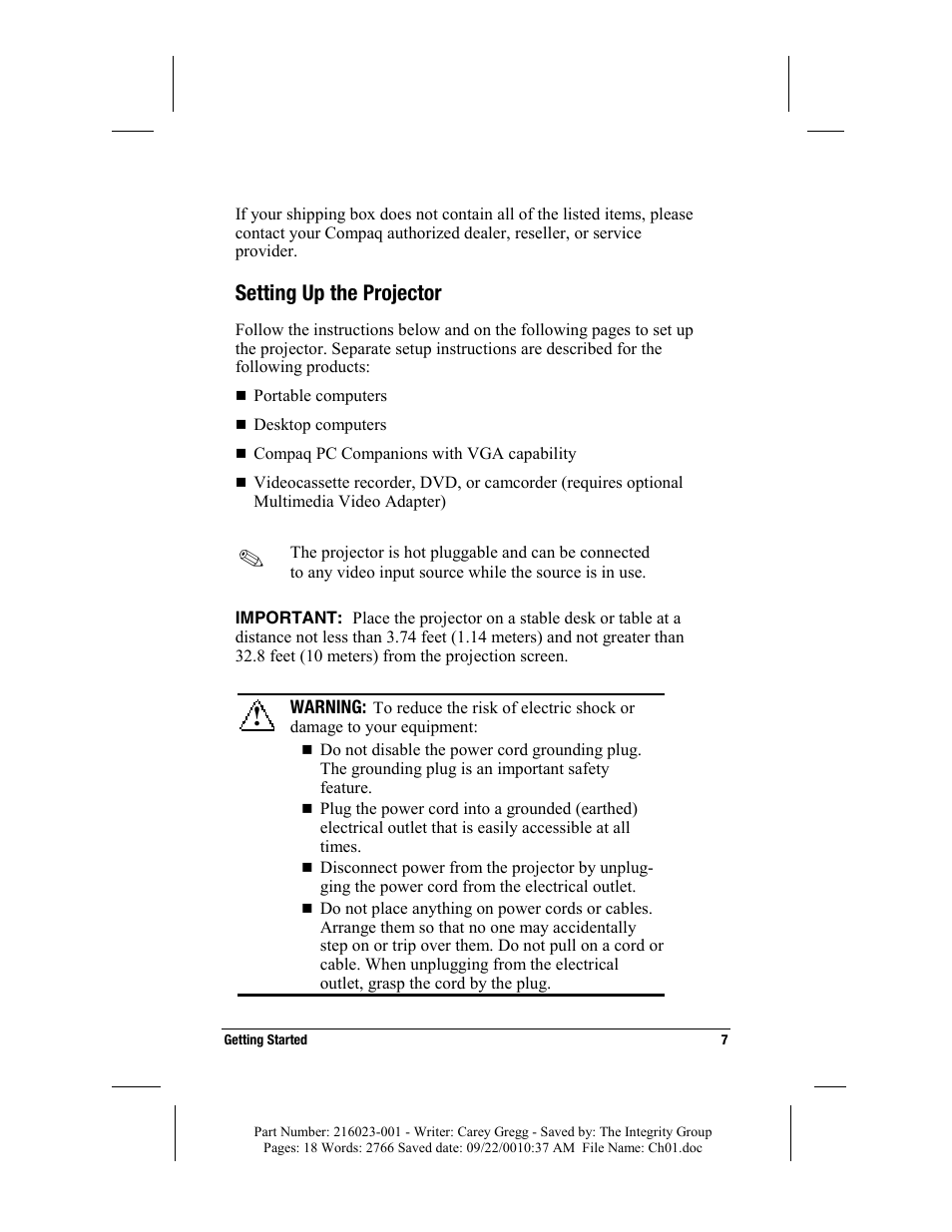 Setting up the projector | Compaq MP2800 User Manual | Page 7 / 61