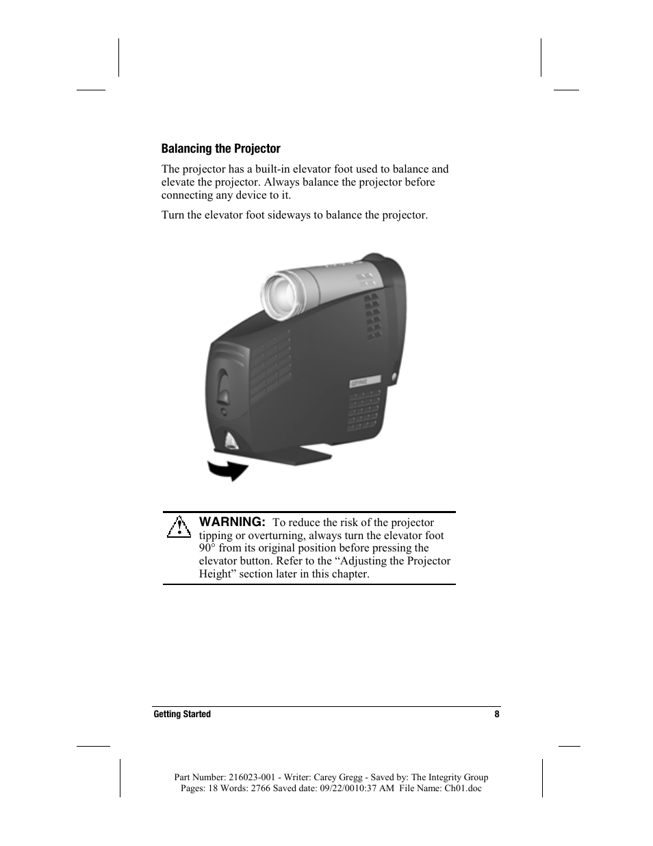 Balancing the projector | Compaq MP2800 User Manual | Page 8 / 61