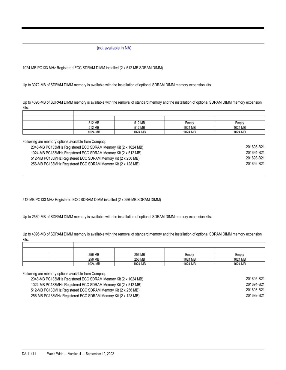 Memory, Quickspecs, Proliant bl20p and p-class system | Compaq ProLiant DA-11411 User Manual | Page 18 / 27