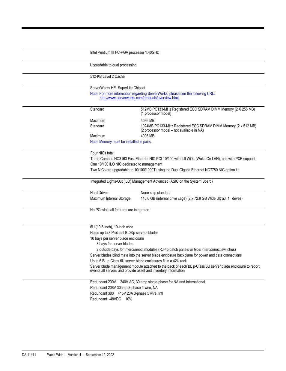 Standard features (server blade), Quickspecs, Standard features | Proliant bl20p and p-class system, Proliant bl20p server blade, Server blade) | Compaq ProLiant DA-11411 User Manual | Page 3 / 27