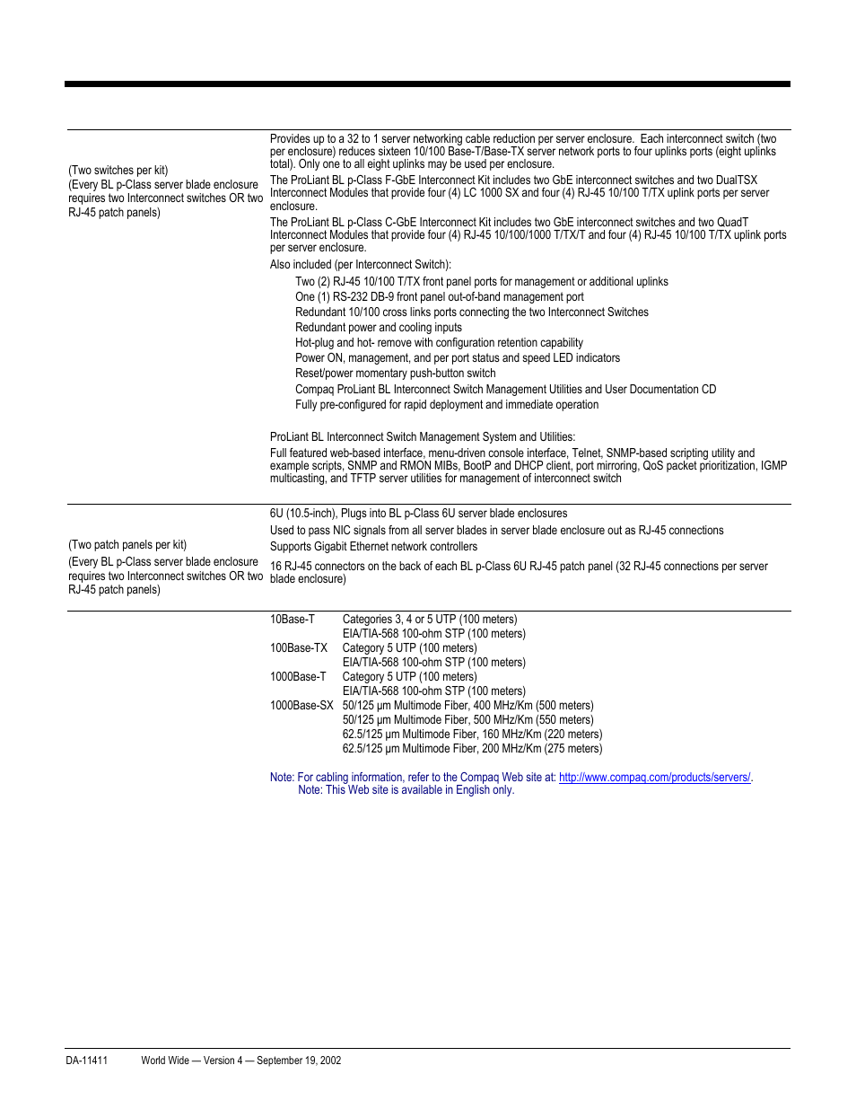 Quickspecs, Standard features, Proliant bl20p and p-class system | Server blade enclosure & interconnects) | Compaq ProLiant DA-11411 User Manual | Page 4 / 27