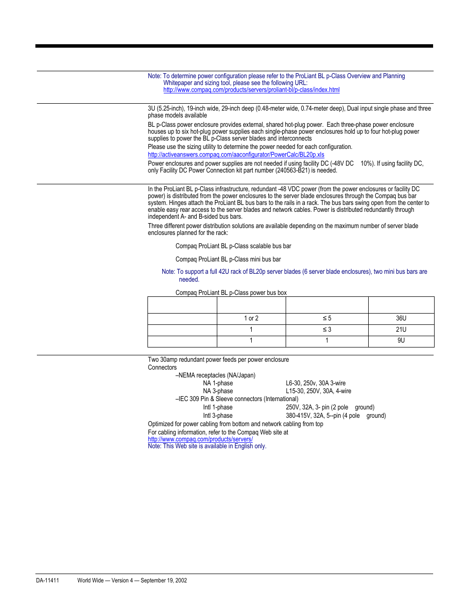 Quickspecs, Standard features, Proliant bl20p and p-class system | Power system and rack information) | Compaq ProLiant DA-11411 User Manual | Page 5 / 27