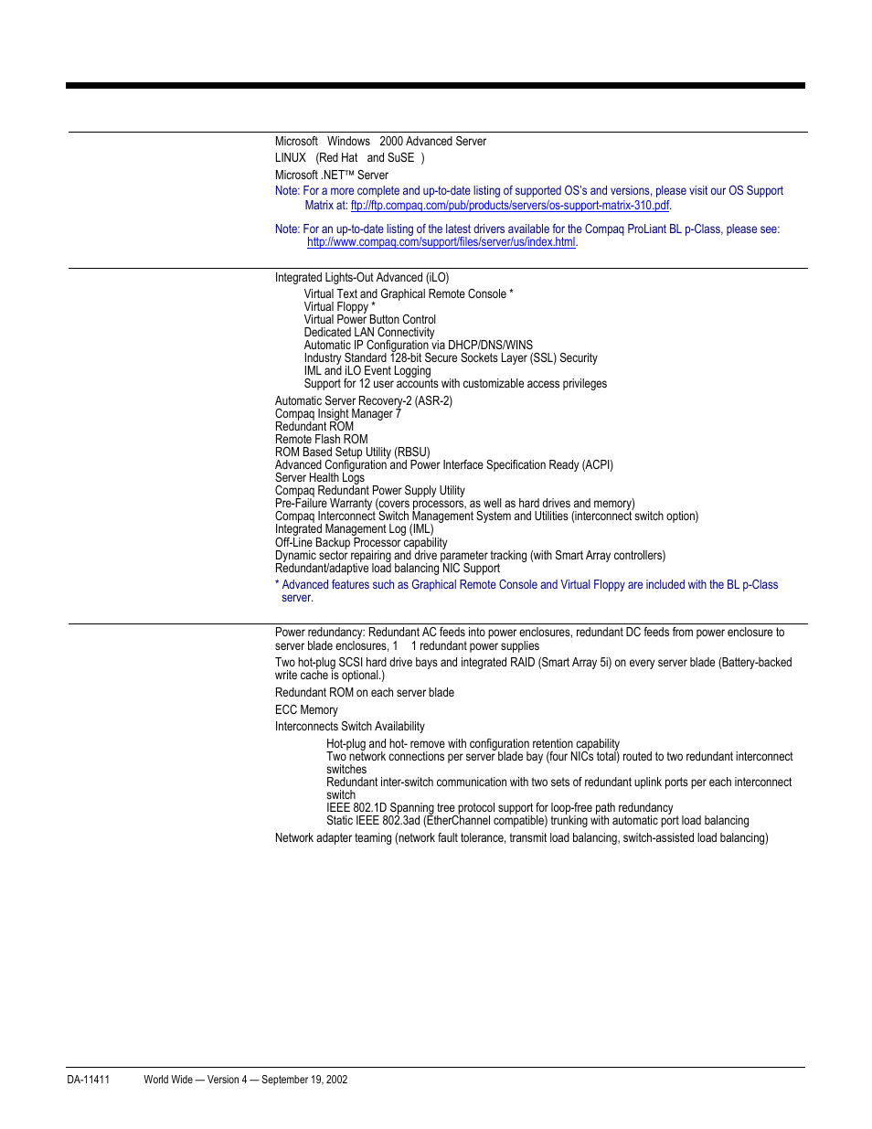 Quickspecs, Standard features, Proliant bl20p and p-class system | Compaq ProLiant DA-11411 User Manual | Page 7 / 27