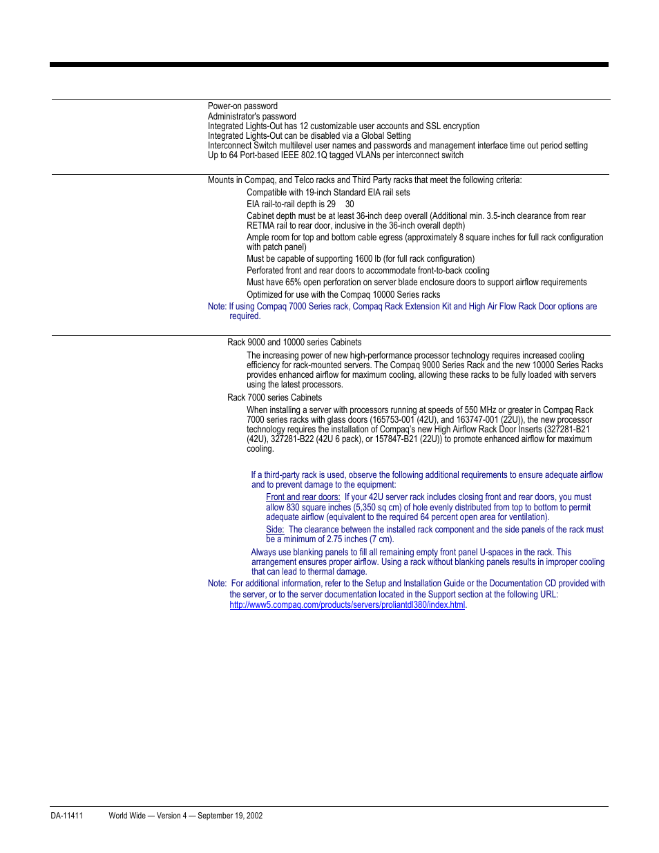 Quickspecs, Standard features, Proliant bl20p and p-class system | Compaq ProLiant DA-11411 User Manual | Page 8 / 27