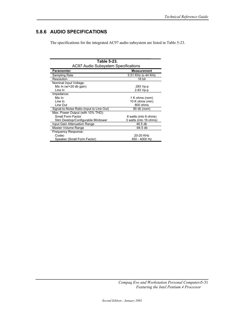 Audio specifications, 6 audio specifications | Compaq W4000 User Manual | Page 118 / 229