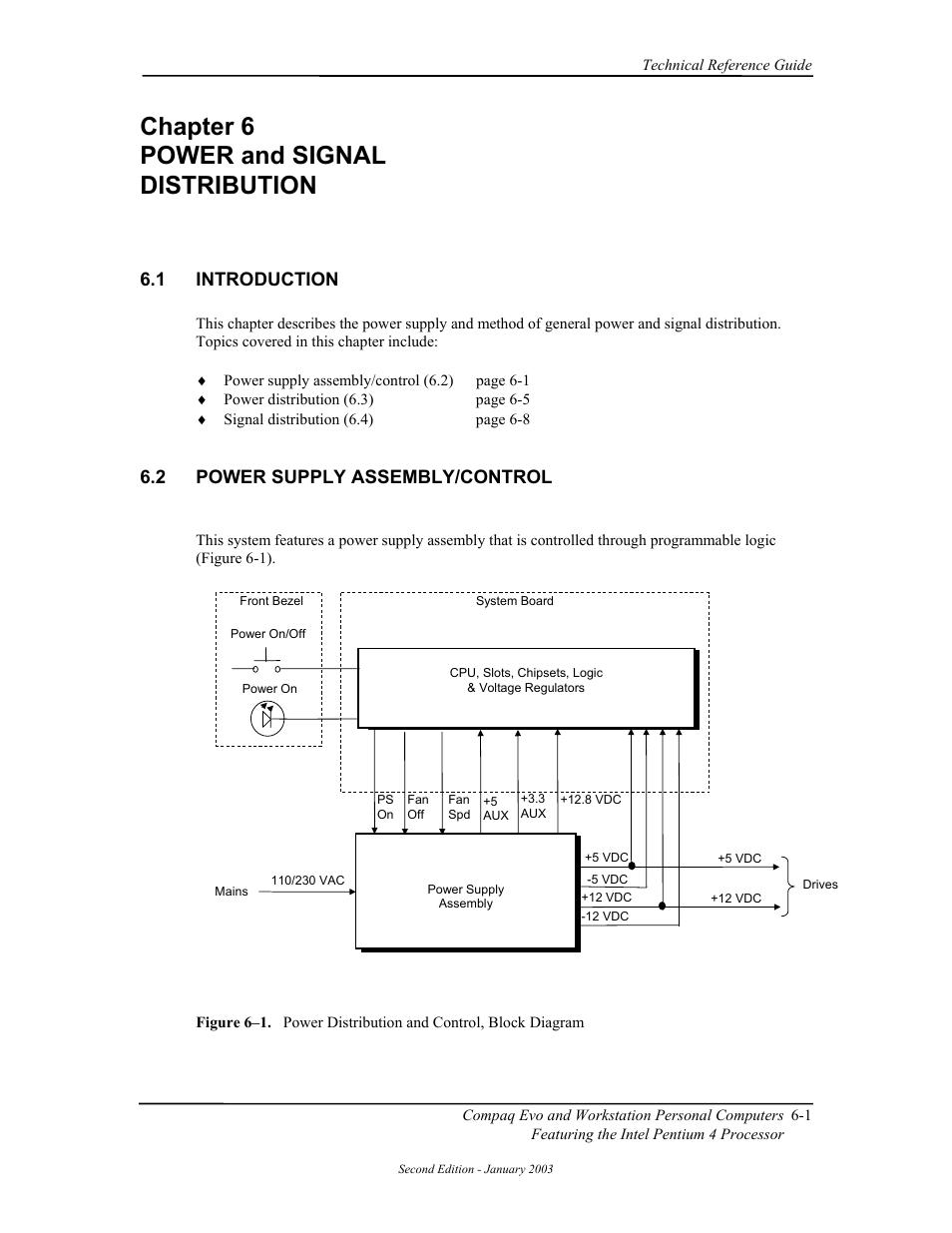 Chapter 6 power supply and distribution, Introduction, Power supply assembly/control | Chapter 6 power and signal distribution, 1 introduction, 2 power supply assembly/control | Compaq W4000 User Manual | Page 126 / 229