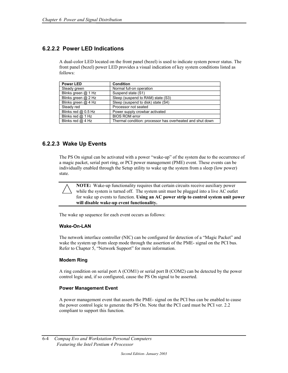 Power led indications, Wake up events, 2 power led indications | 3 wake up events | Compaq W4000 User Manual | Page 129 / 229