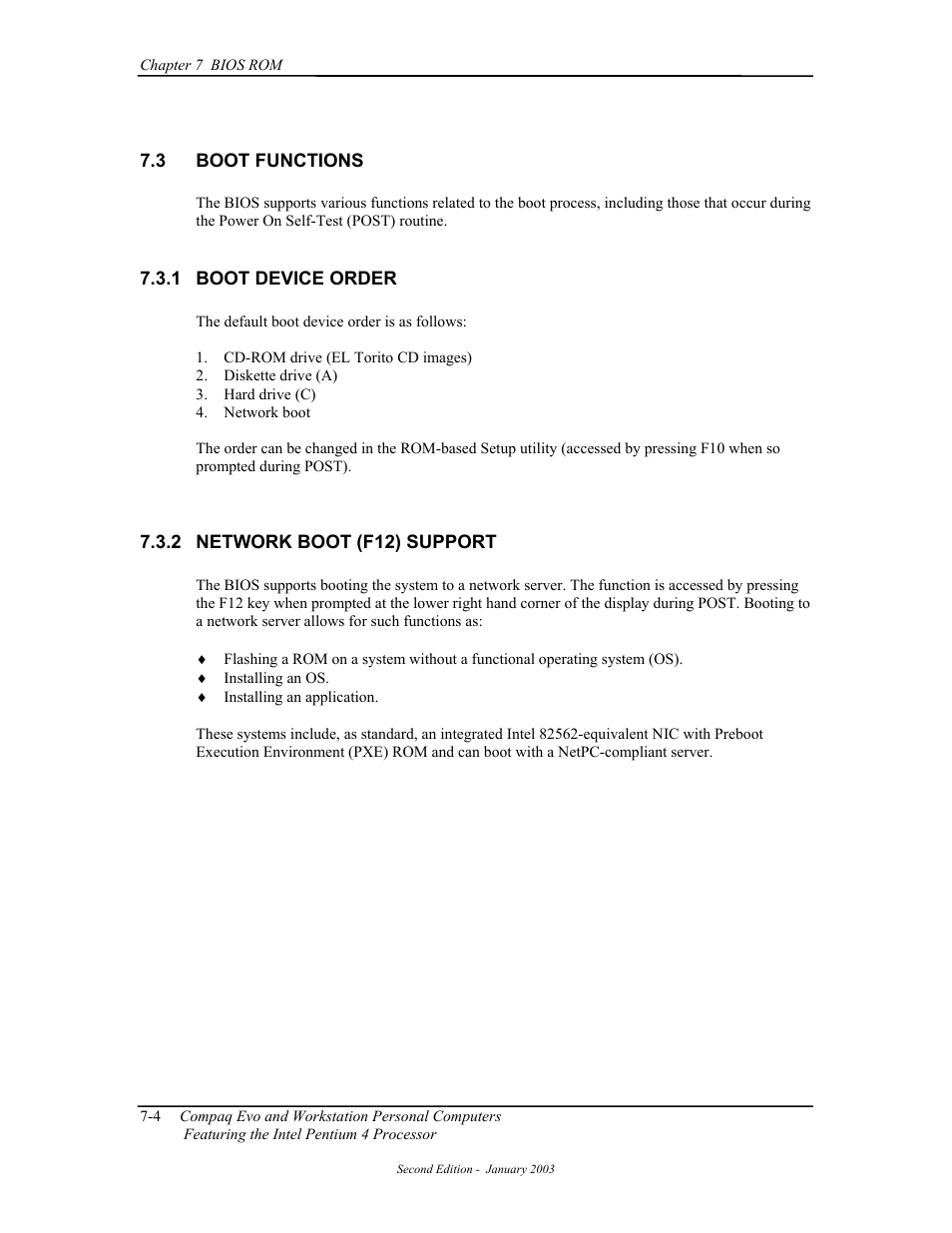 Boot functions, Boot device order, Network boot (f12) support | Compaq W4000 User Manual | Page 141 / 229