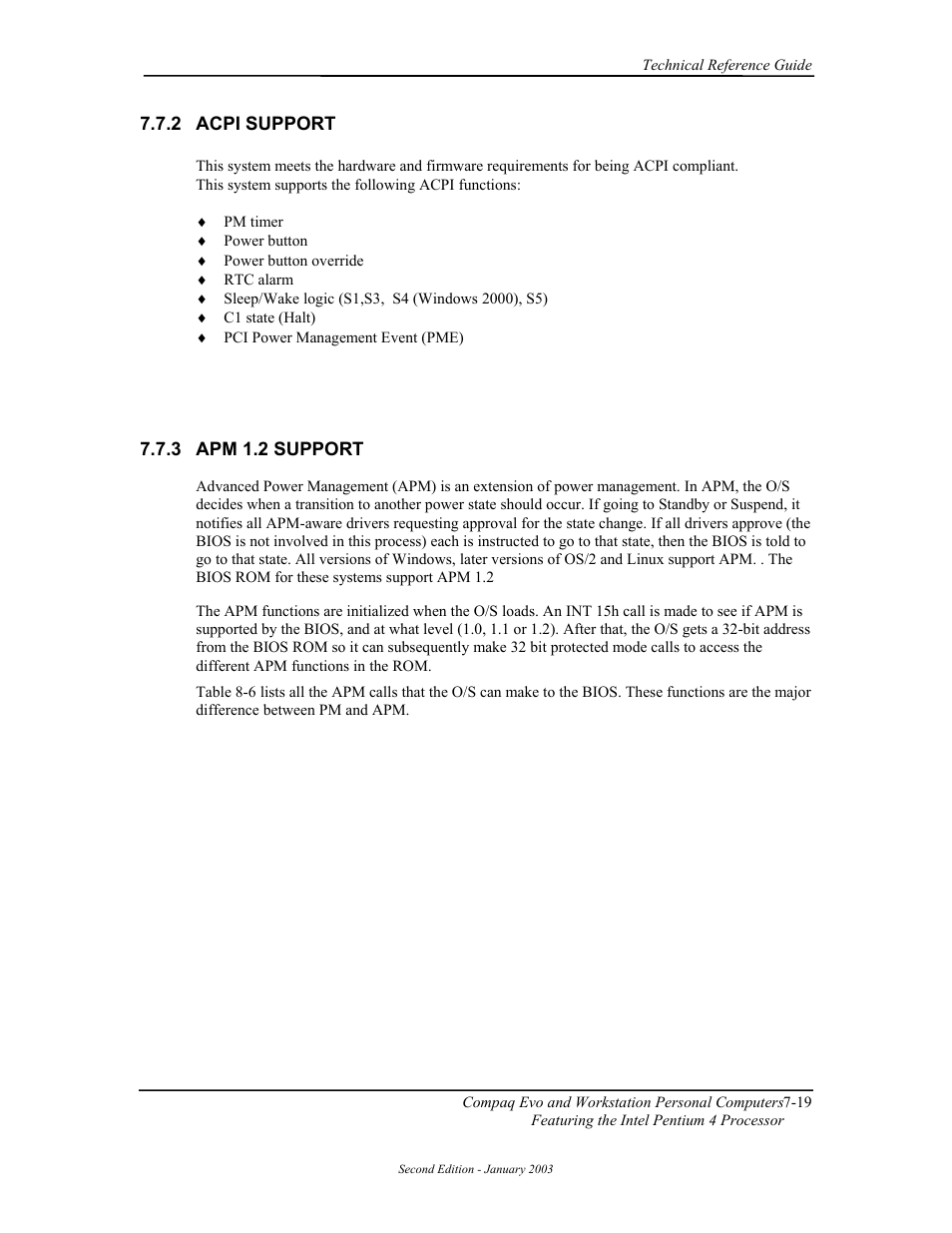 Acpi support, Apm 1.2 support | Compaq W4000 User Manual | Page 156 / 229