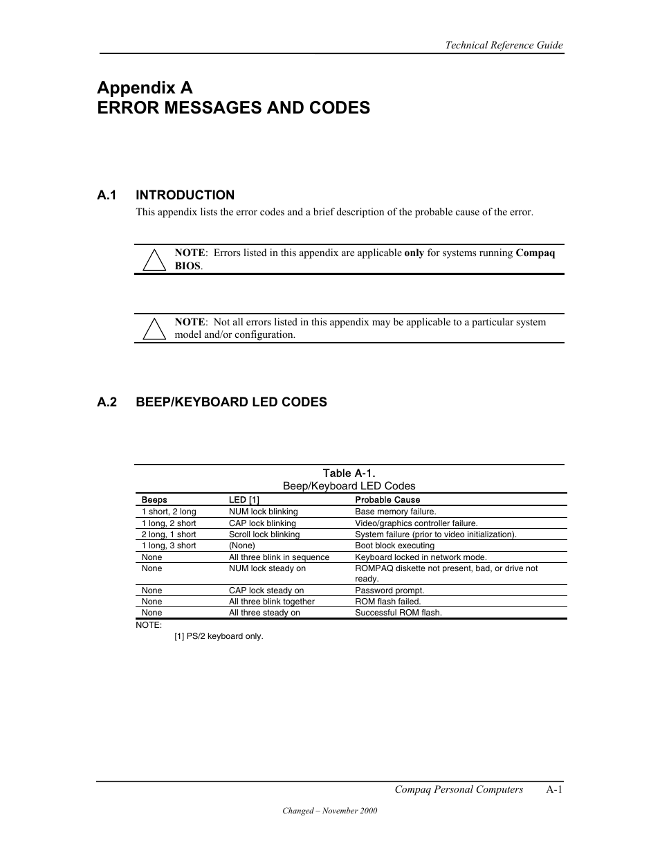 Appendix a error messages and codes, A.2 beep/keyboard led codes | Compaq W4000 User Manual | Page 162 / 229