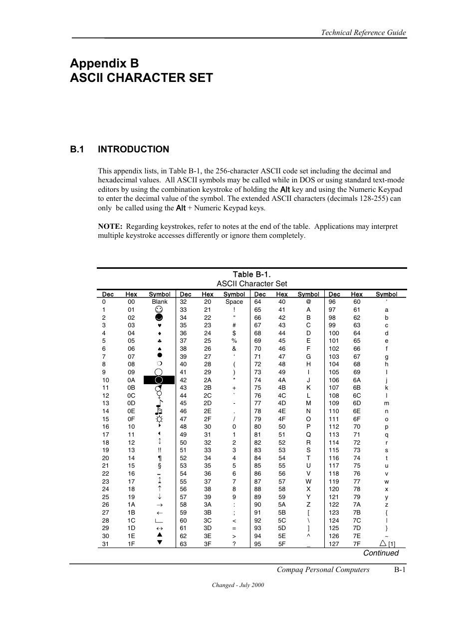 Appendix b ascii character set, B.1 introduction | Compaq W4000 User Manual | Page 174 / 229
