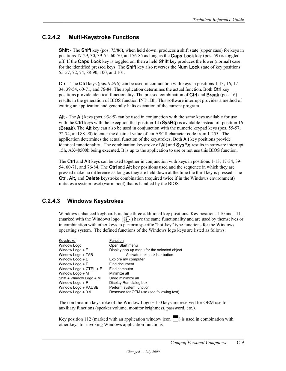 C.2.4.2 multi-keystroke functions, C.2.4.3 windows keystrokes | Compaq W4000 User Manual | Page 184 / 229