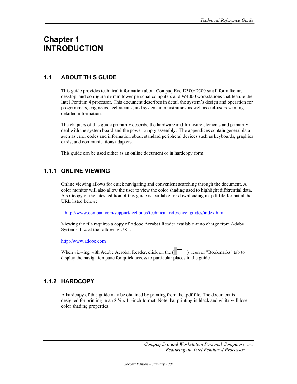 Chapter 1 introduction, About this guide, Online viewing | Hardcopy | Compaq W4000 User Manual | Page 19 / 229