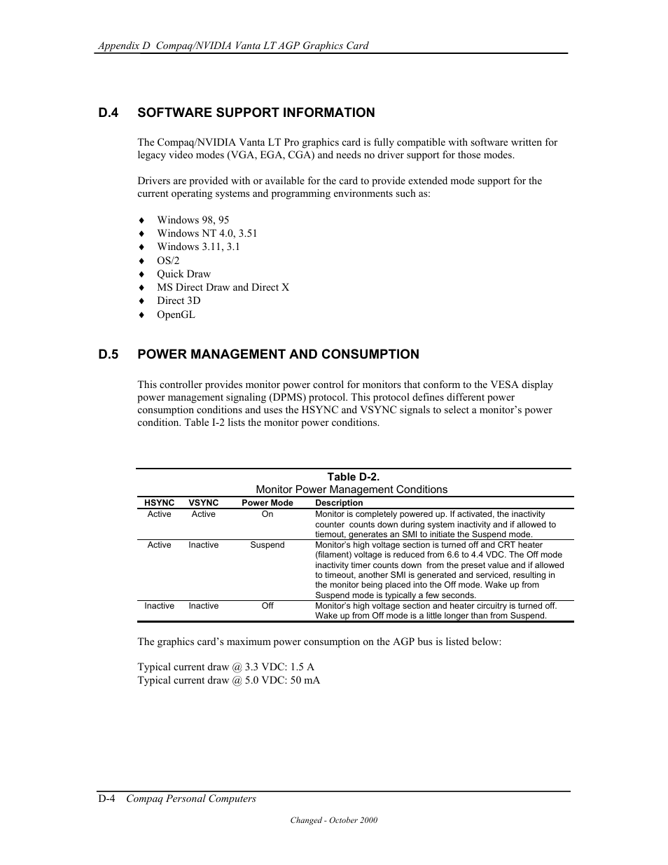 D.4 software support information, D.5 power management and consumption | Compaq W4000 User Manual | Page 195 / 229