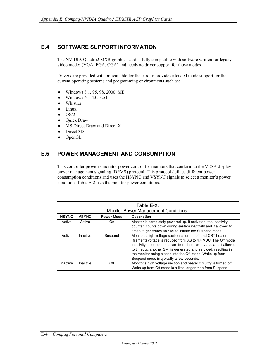 E.4 software support information, E.5 power management and consumption | Compaq W4000 User Manual | Page 201 / 229