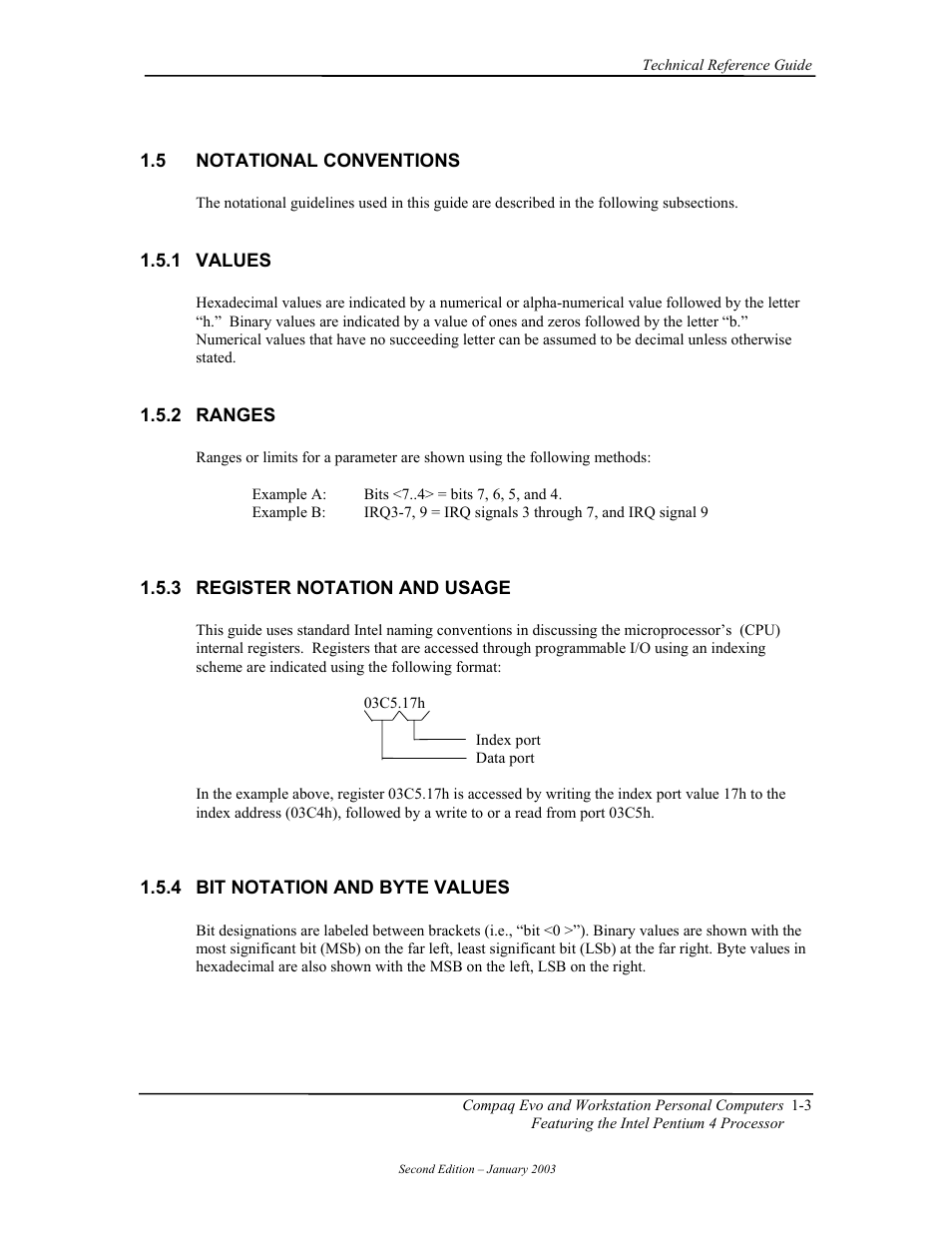 Notational conventions, Values, Ranges | Register notation and usage, Bit notation and byte values | Compaq W4000 User Manual | Page 21 / 229