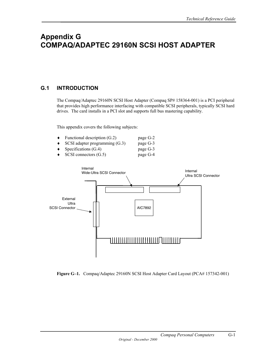 Appendix g compaq/adaptec 29160n scsi host adapter, Appendix g compaq/adaptec scsi host adapter | Compaq W4000 User Manual | Page 210 / 229