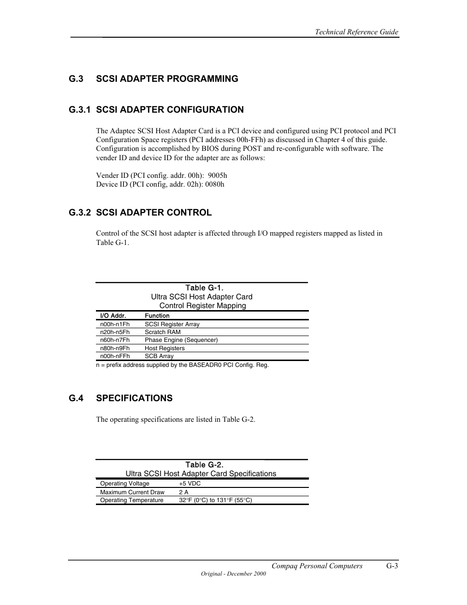 G.3 scsi adapter programming, G.3.1 scsi adapter configuration, G.3.2 scsi adapter control | G.4 specifications | Compaq W4000 User Manual | Page 212 / 229