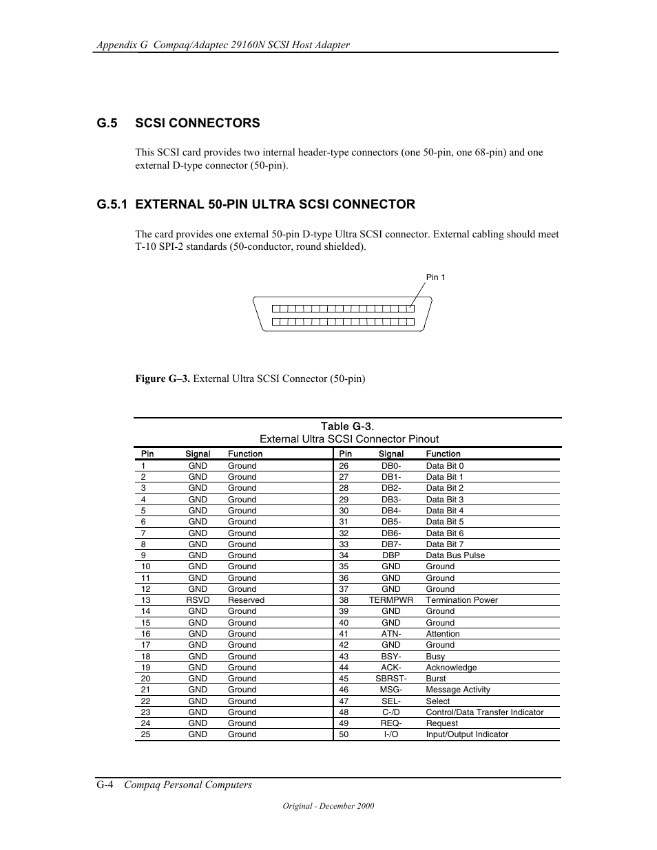 G.5 scsi connectors, G.5.1 external 50-pin ultra scsi connector | Compaq W4000 User Manual | Page 213 / 229