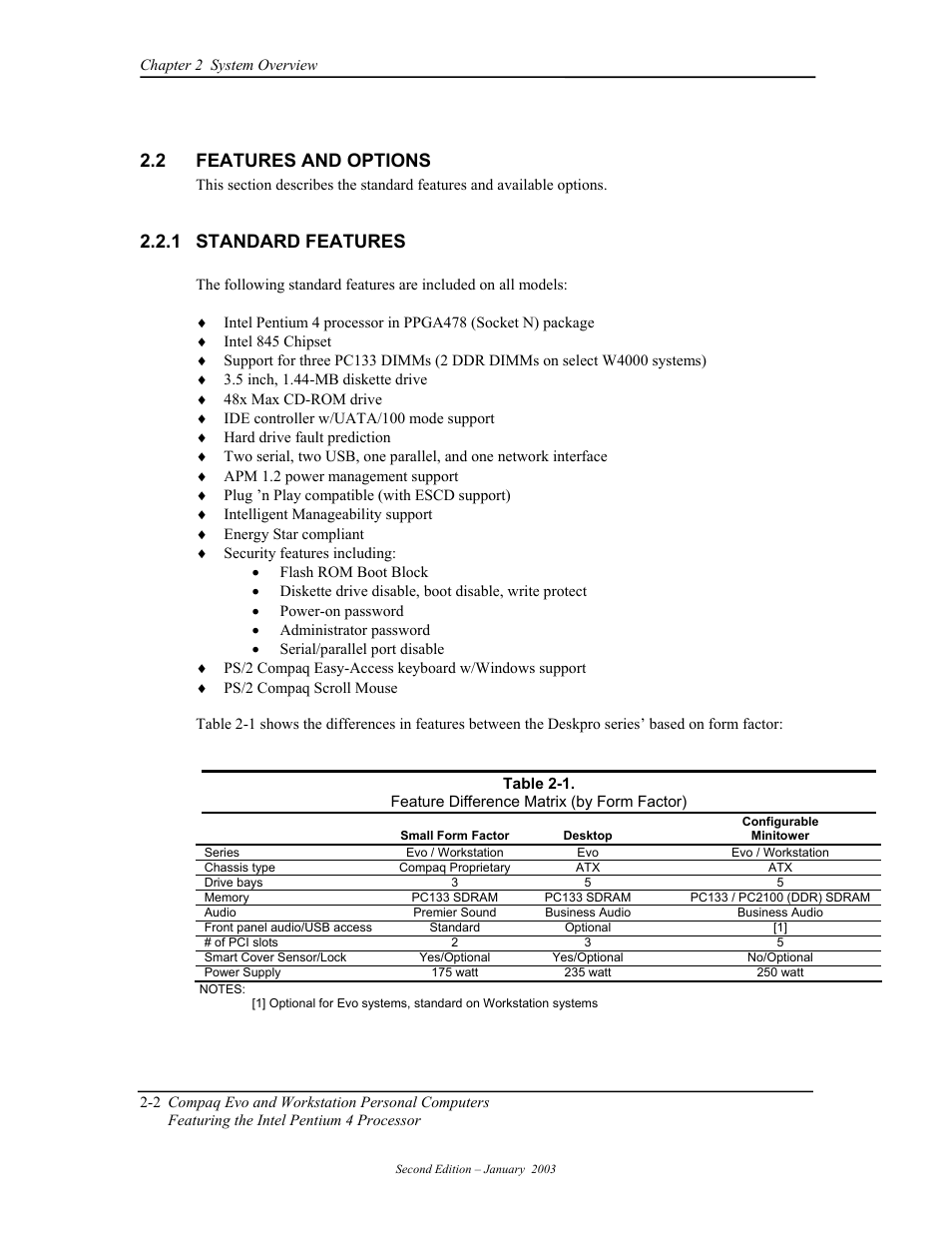 Features and options, Standard features, 2 features and options | 1 standard features | Compaq W4000 User Manual | Page 28 / 229