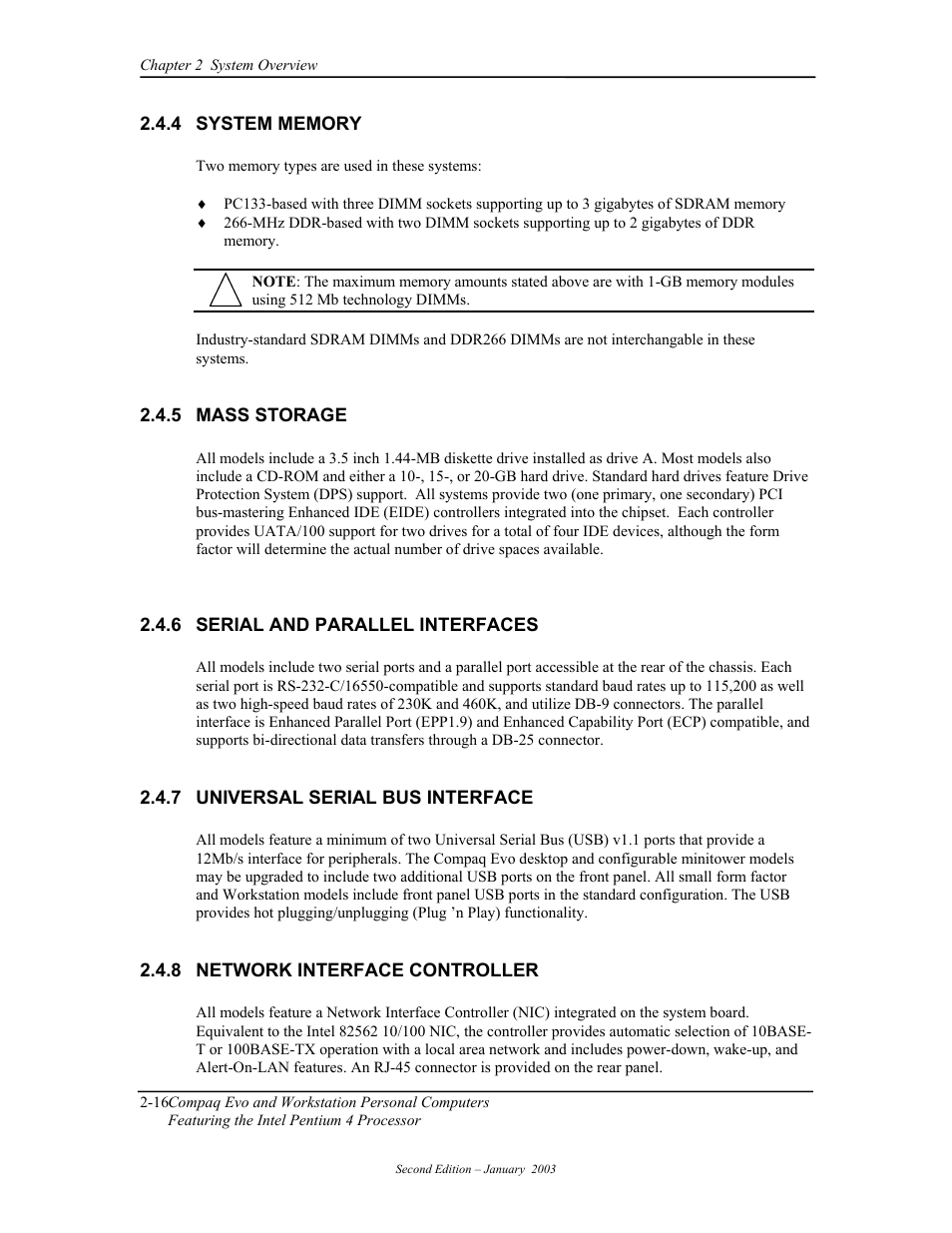 System memory, Mass storage, Serial and parallel interfaces | Universal serial bus interface, Network interface controller | Compaq W4000 User Manual | Page 42 / 229