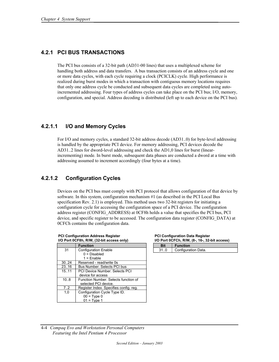 Pci bus transactions, I/o and memory cycles, Configuration cycles | 2 configuration cycles | Compaq W4000 User Manual | Page 58 / 229