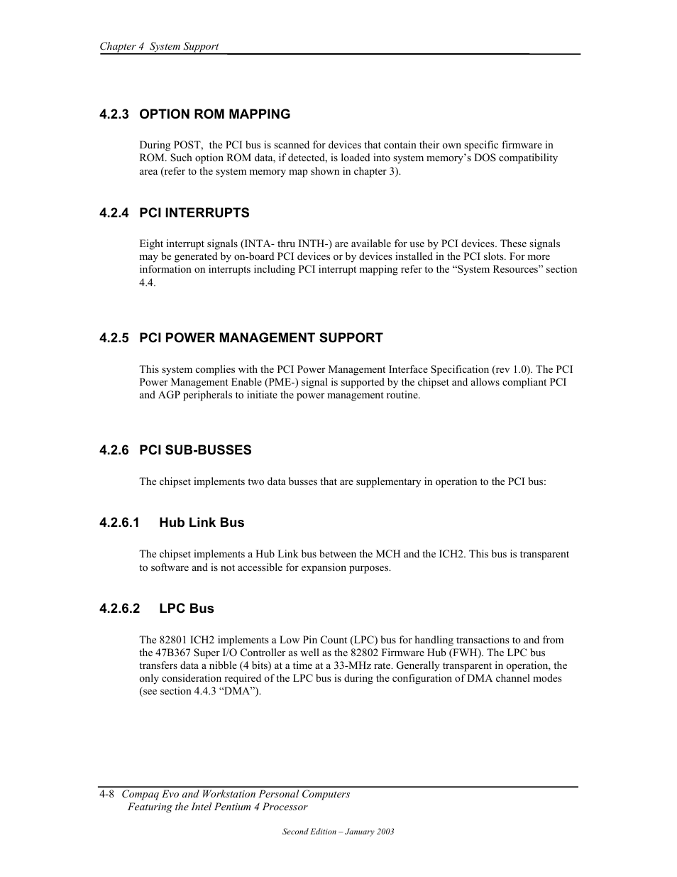 Option rom mapping, Pci interrupts, Pci power management support | Pci sub-busses, Hub link bus, Lpc bus | Compaq W4000 User Manual | Page 62 / 229