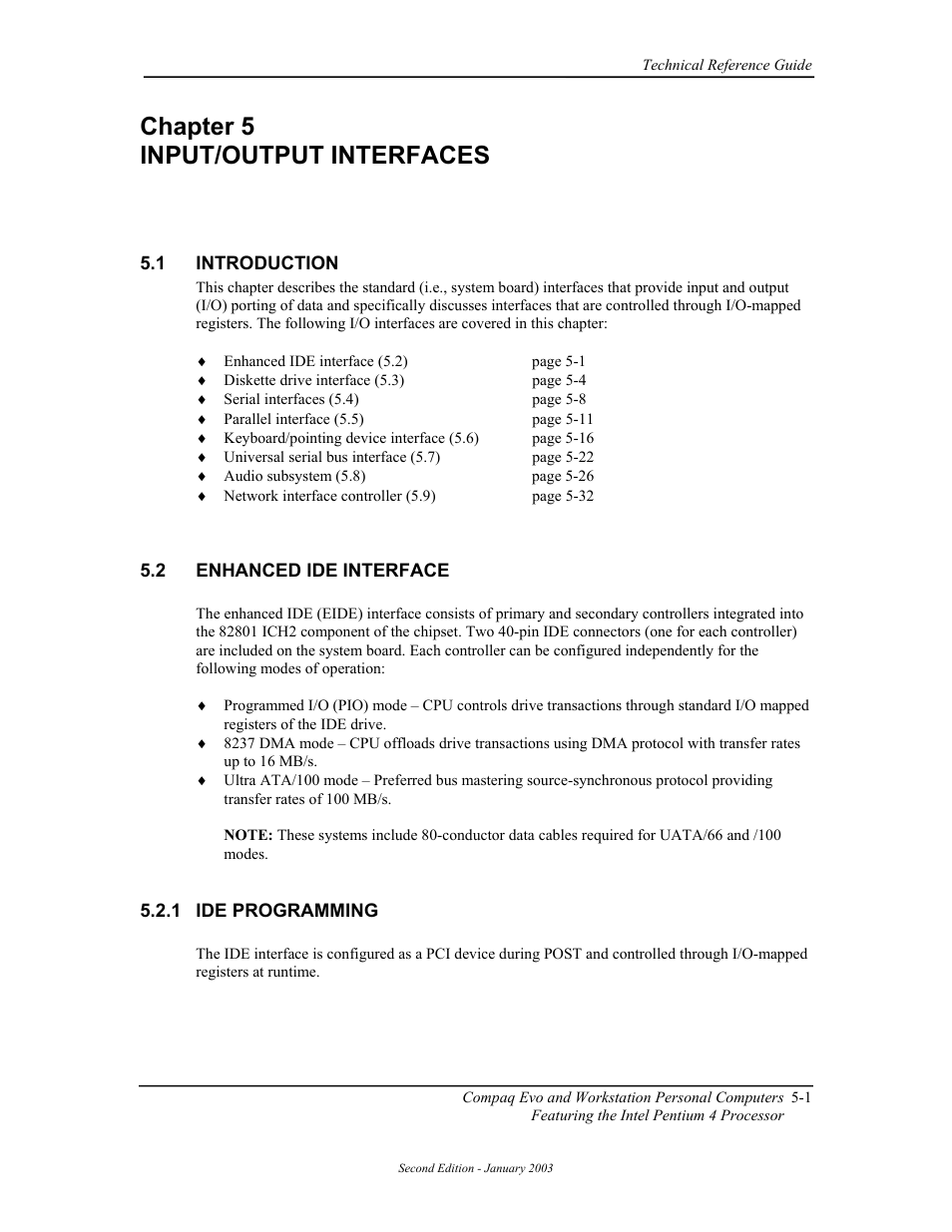 Chapter 5 input/output interfaces, Introduction, Enhanced ide interface | Ide programming | Compaq W4000 User Manual | Page 88 / 229