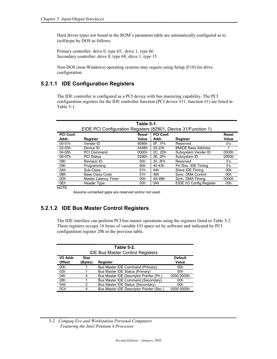 Ide configuration registers, Ide bus master control registers, 1 ide configuration registers | 2 ide bus master control registers | Compaq W4000 User Manual | Page 89 / 229