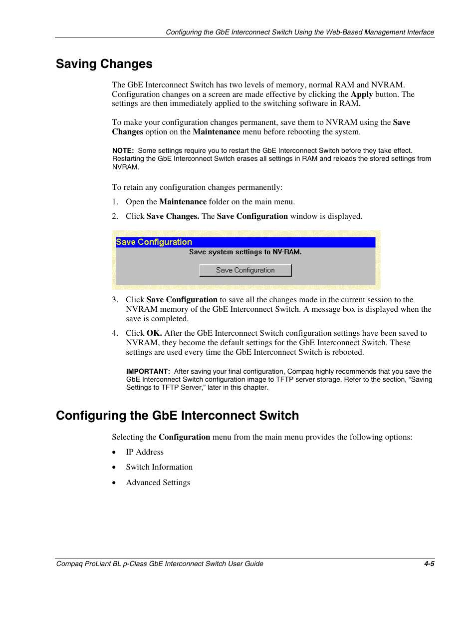 Saving changes, Configuring the gbe interconnect switch, Saving changes -5 | Configuring the gbe interconnect switch -5 | Compaq ProLiant Interconnect Switch User Manual | Page 101 / 207