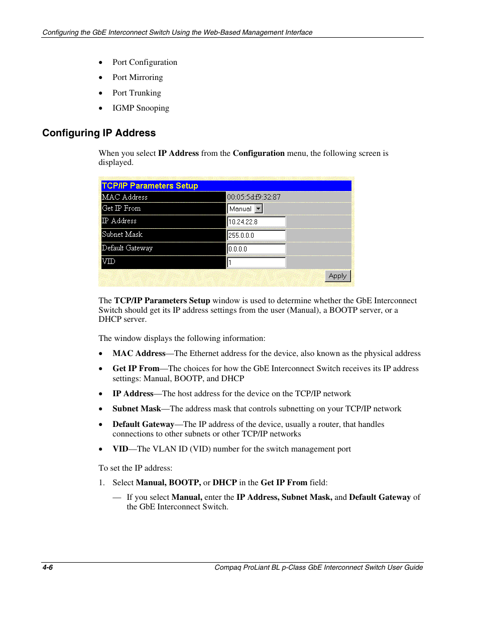 Configuring ip address, Configuring ip address -6 | Compaq ProLiant Interconnect Switch User Manual | Page 102 / 207