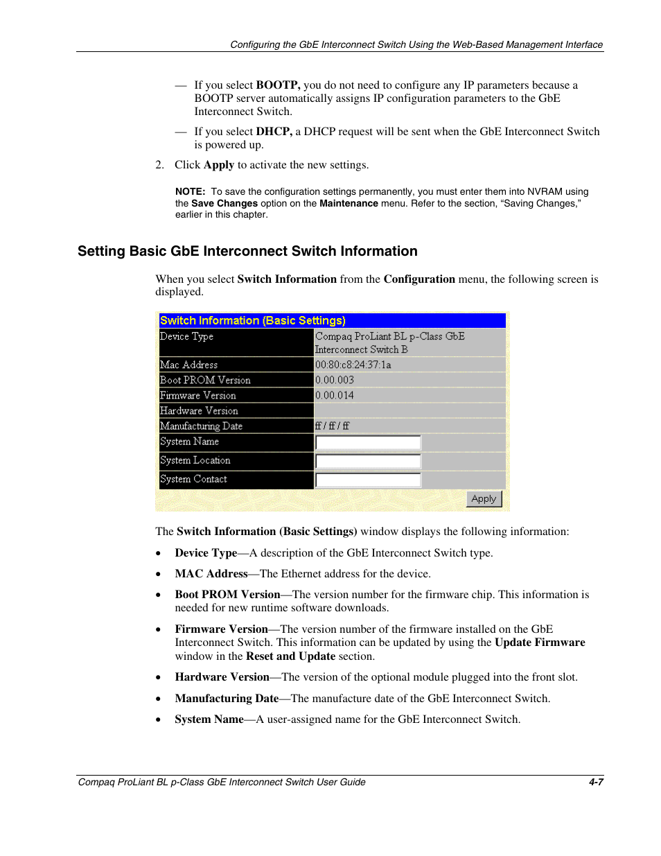 Setting basic gbe interconnect switch information | Compaq ProLiant Interconnect Switch User Manual | Page 103 / 207