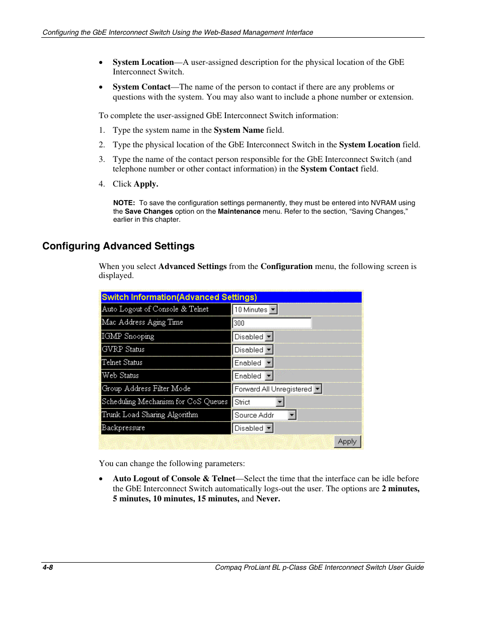 Configuring advanced settings, Configuring advanced settings -8 | Compaq ProLiant Interconnect Switch User Manual | Page 104 / 207
