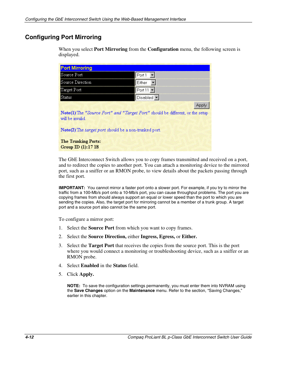 Configuring port mirroring, Configuring port mirroring -12 | Compaq ProLiant Interconnect Switch User Manual | Page 108 / 207