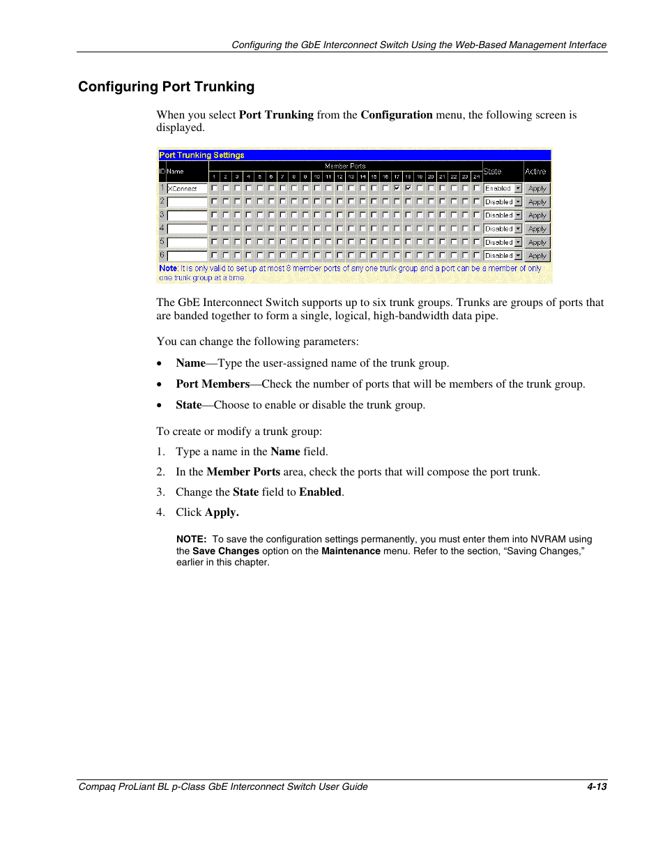 Configuring port trunking, Configuring port trunking -13 | Compaq ProLiant Interconnect Switch User Manual | Page 109 / 207