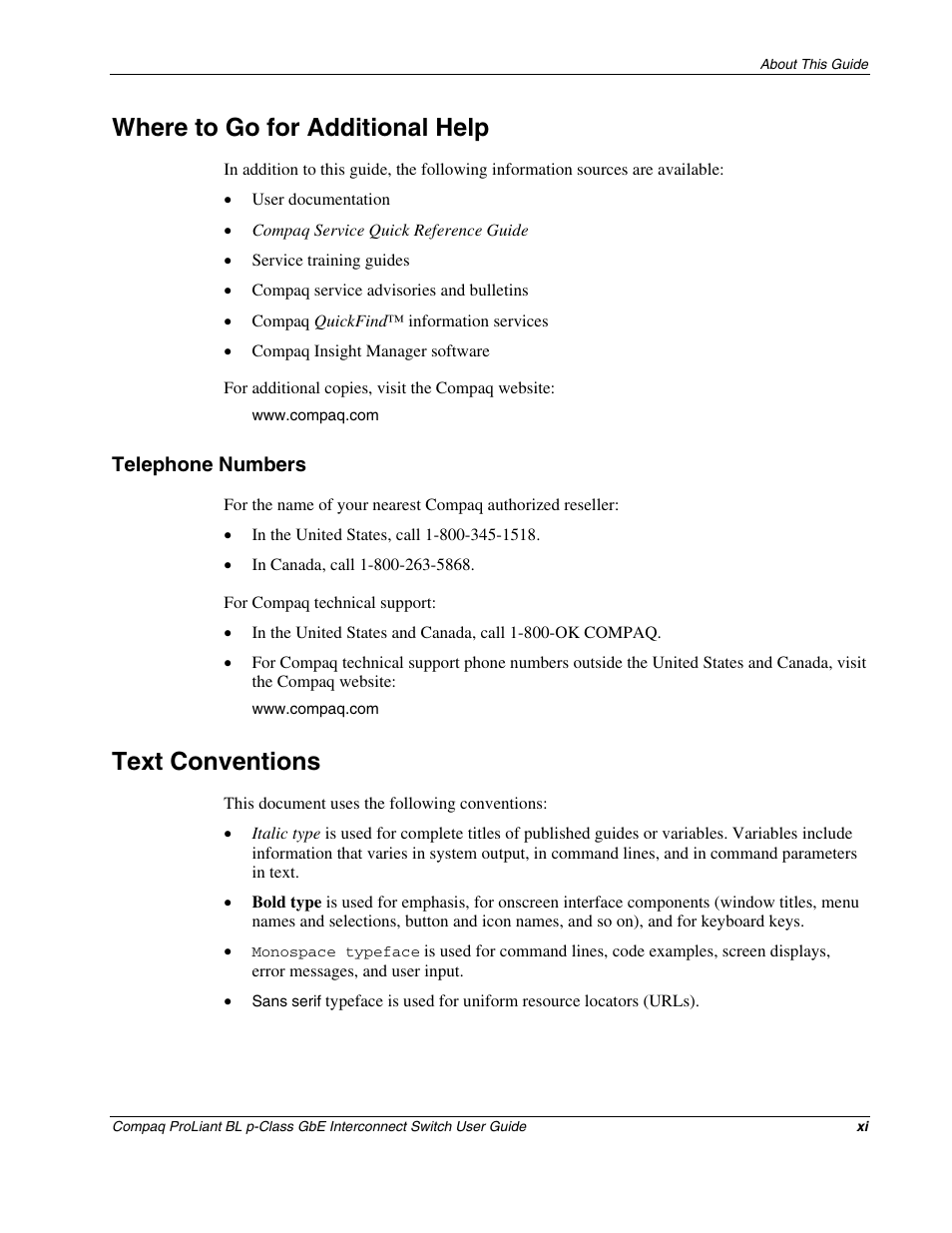 Where to go for additional help, Telephone numbers, Text conventions | Compaq ProLiant Interconnect Switch User Manual | Page 11 / 207