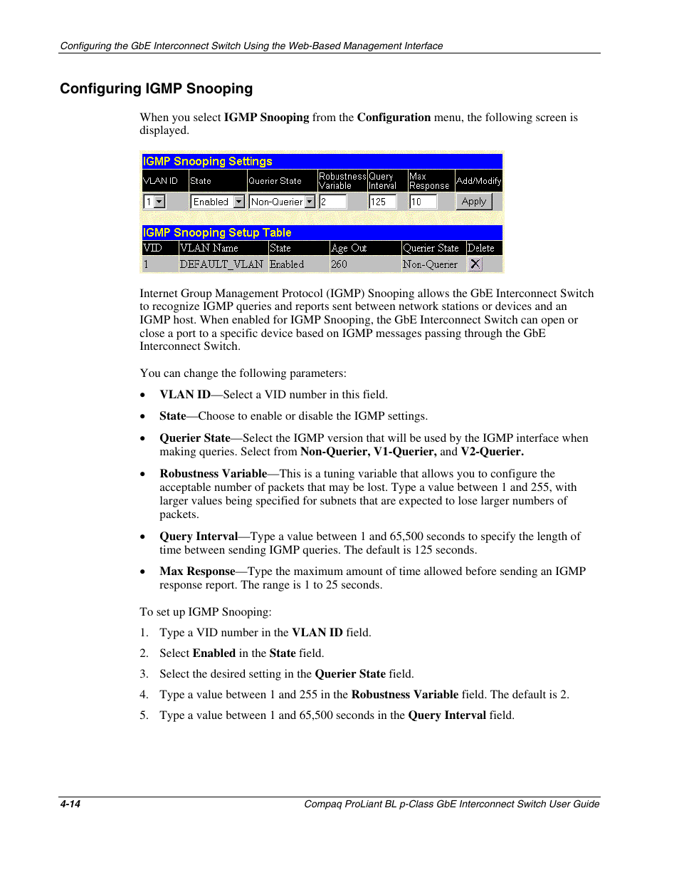Configuring igmp snooping, Configuring igmp snooping -14 | Compaq ProLiant Interconnect Switch User Manual | Page 110 / 207