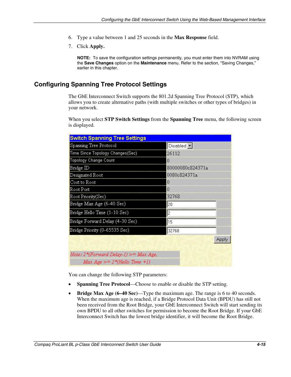 Configuring spanning tree protocol settings, Configuring spanning tree protocol settings -15 | Compaq ProLiant Interconnect Switch User Manual | Page 111 / 207