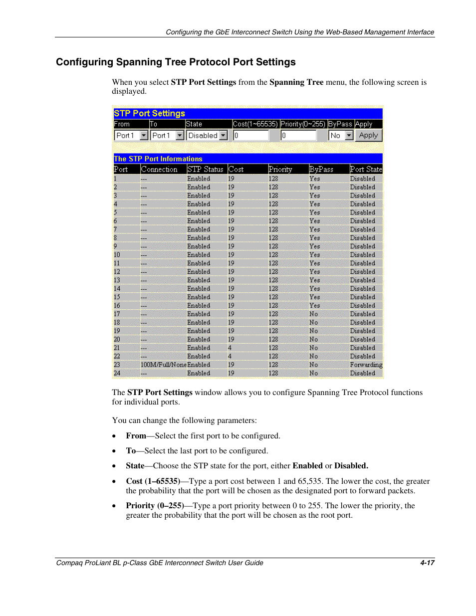 Configuring spanning tree protocol port settings | Compaq ProLiant Interconnect Switch User Manual | Page 113 / 207