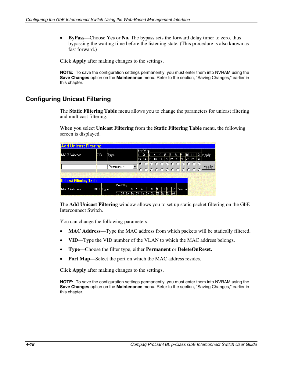 Configuring unicast filtering, Configuring unicast filtering -18 | Compaq ProLiant Interconnect Switch User Manual | Page 114 / 207