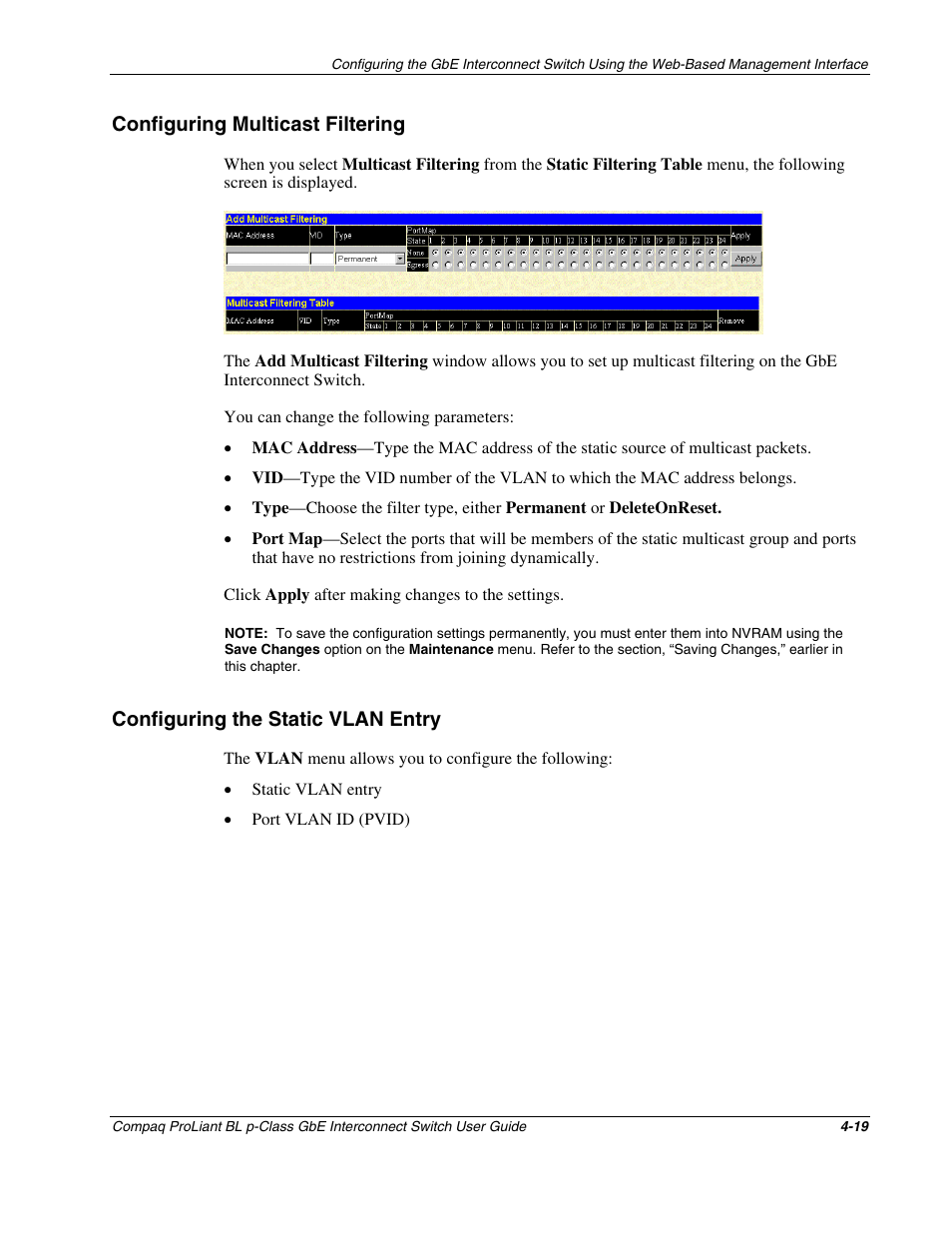 Configuring multicast filtering, Configuring the static vlan entry, Configuring multicast filtering -19 | Configuring the static vlan entry -19 | Compaq ProLiant Interconnect Switch User Manual | Page 115 / 207