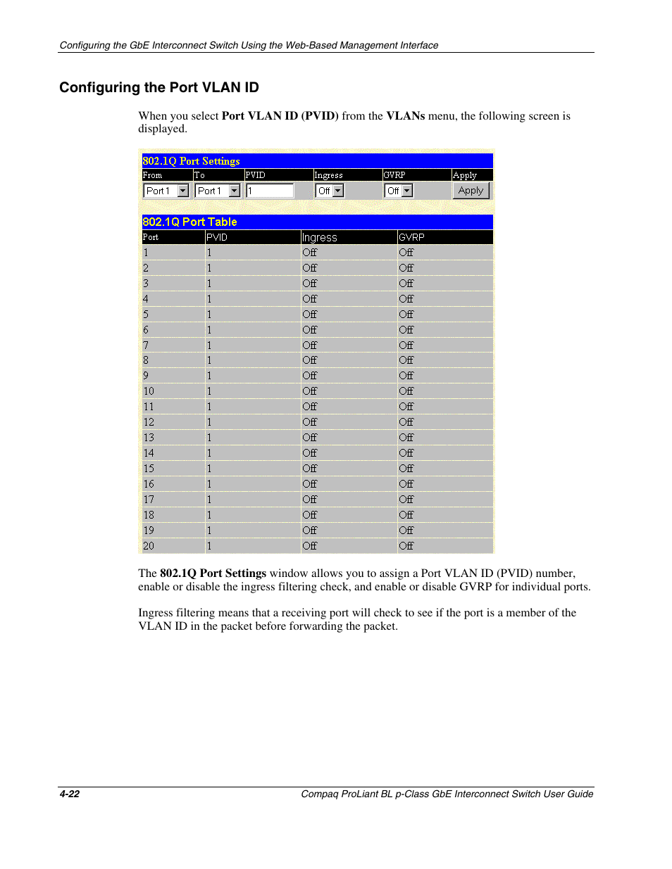 Configuring the port vlan id, Configuring the port vlan id -22 | Compaq ProLiant Interconnect Switch User Manual | Page 118 / 207