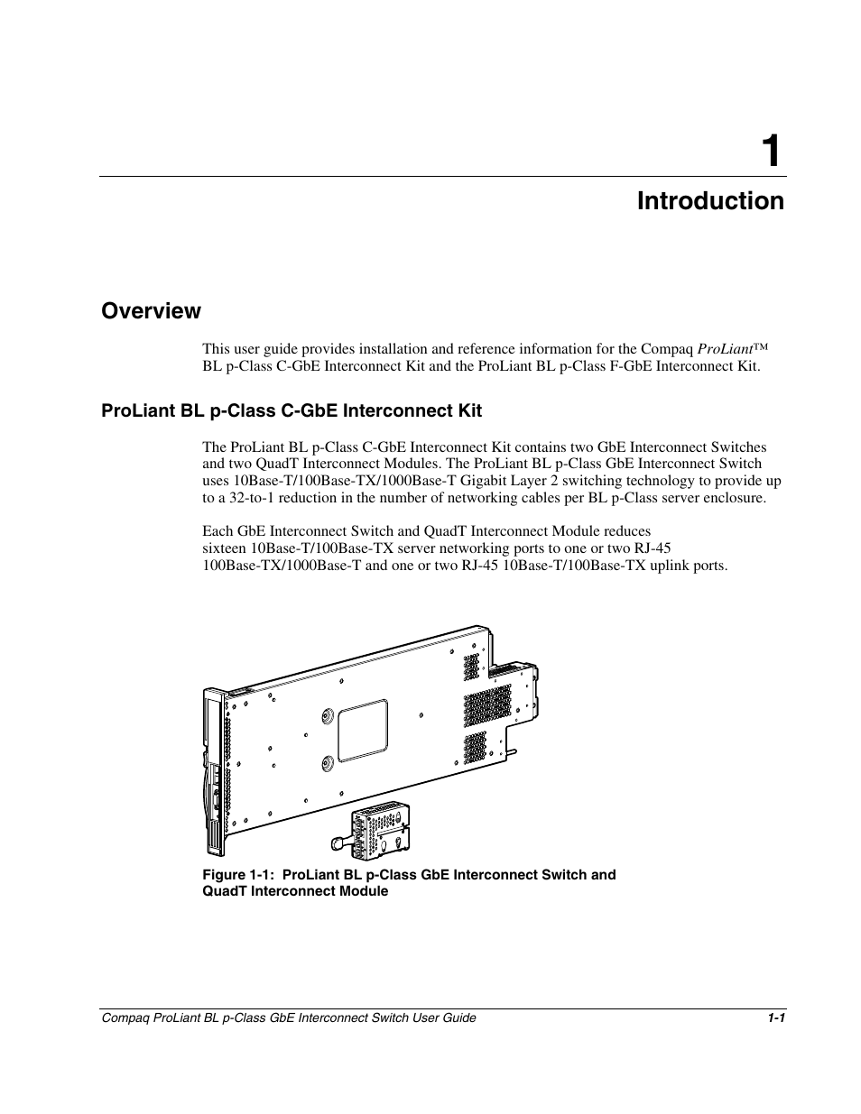 Chapter 1: introduction, Overview, Proliant bl p-class c-gbe interconnect kit | Chapter 1, Introduction, Overview -1, Proliant bl p-class c-gbe interconnect kit -1 | Compaq ProLiant Interconnect Switch User Manual | Page 12 / 207