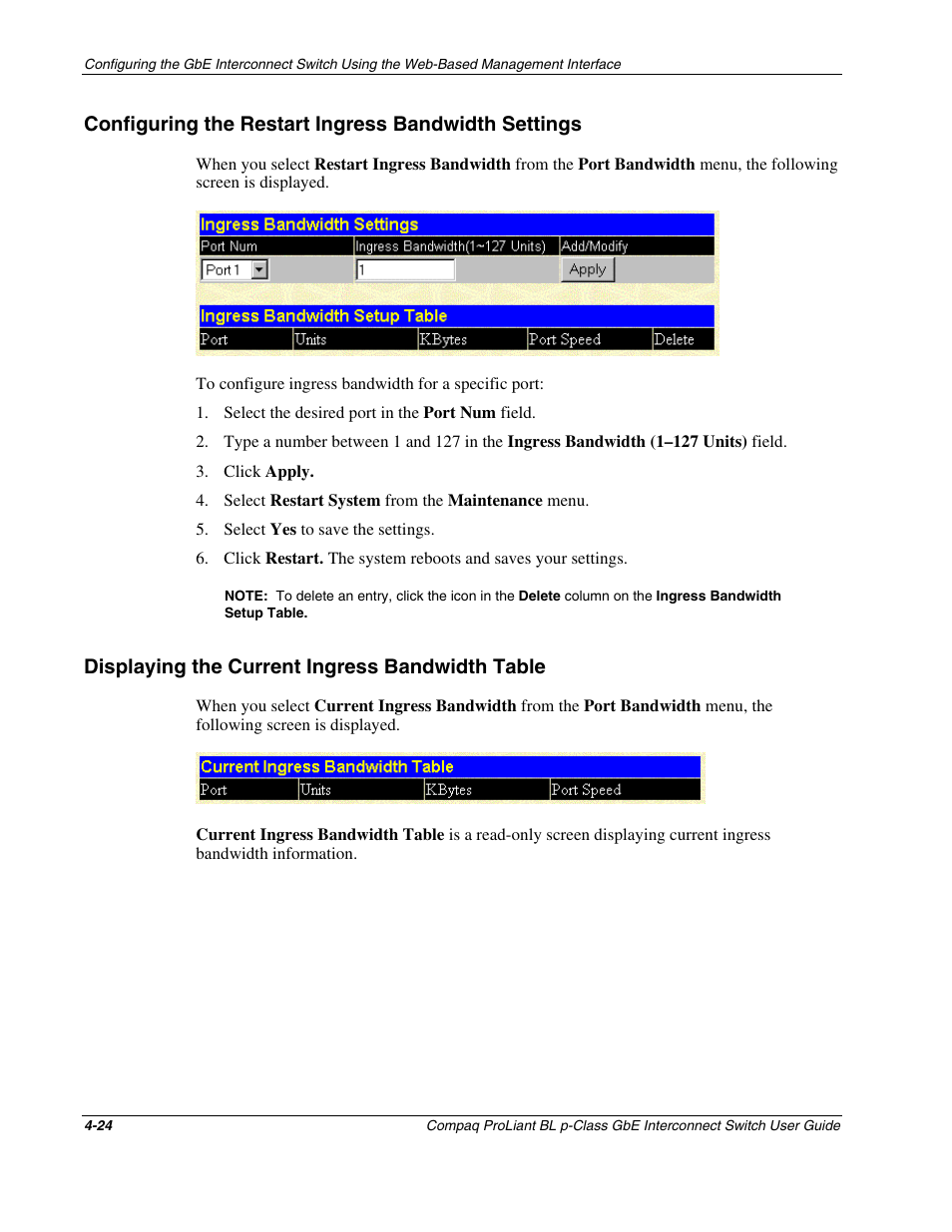Configuring the restart ingress bandwidth settings, Displaying the current ingress bandwidth table, Displaying the current ingress bandwidth table -24 | Compaq ProLiant Interconnect Switch User Manual | Page 120 / 207